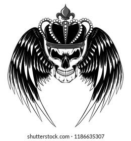 Skull in the crown with two wings. Vector image.