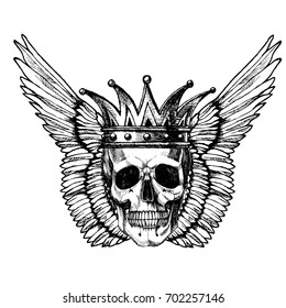 A skull with a crown and wings. Vector hand drawn logo. Illustration for your design print.