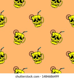 SKULL CUP COCKTAIL SEAMLESS PATTERN COLOR ORANGE BACKGROUND