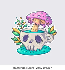 Skull cup with mushroom and toxic tea. Cartoon vector character. Trendy style. Vector illustration.
