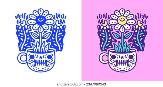 Skull cup with smile sunflower inside, illustration for logo, t-shirt, sticker, or apparel merchandise. With doodle, retro, groovy, and cartoon style.