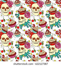 Skull. Cupcake. Seamless vector pattern (background).
