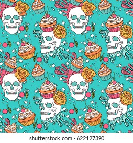 Skull. Cupcake. Seamless vector pattern (background).