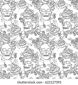 Skull. Cupcake. Seamless vector pattern (background).