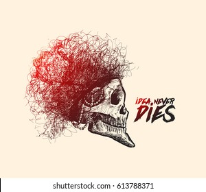 Skull with curly hair sketch, Hand drawn vector illustration 