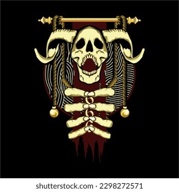 
skull with curtain and ribbon