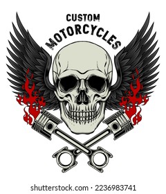 skull custom motorcycle, fire and piston, skull with wing, wallpaper, graphic design, rider skull