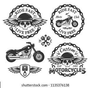 Skull Custom motorcycles shop Badges or Labels set With wings, piston and chain. Vintage Biker club builds, repairs service design for signage, prints and emblems. Ride fast Live free. svg