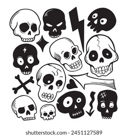 skull cute doodle collection set hand drawn black and white
