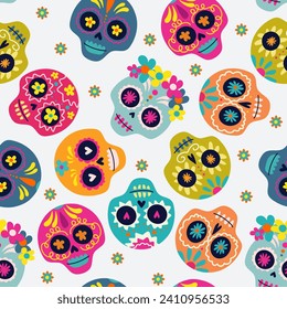Сolorful skull cute pattern, mexican day of the dead.Seamless pattern of Halloween Day of the Dead.Vector Design.