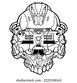 Skull cyber punk head with ar helm. Transparency friendly illustration isolated on white background. Hand drawn