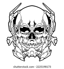 Skull cyber zombie head in suite. Transparency friendly illustration isolated on white background. Hand drawn