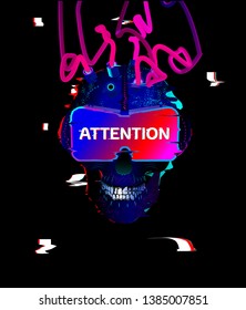 Skull in cyberpunk style with tubes from the head in f virtual reality glasses  with glitch interference effect. Text with glitch effect
