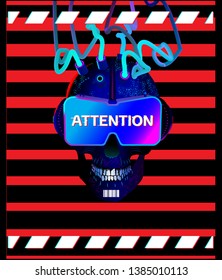 Skull in cyberpunk style with tubes from the head in glasses of virtual reality with interference and glitch effect. Text with glitch effect. On the background of red stripes