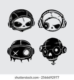 Skull cyberpunk tattoo style ink futuristic streetwear element robotic head vetor poster icon set element editable