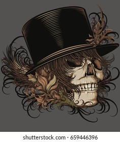 skull in cylinder hat with nature patterns