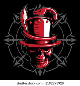 Skull with the cylinder hat, snake and tridents on background, vector logo.