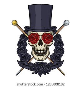 Skull in cylinder hat, with a sword, walking stick, heart and roses. Valentine skull. Illustration for Valentine's day