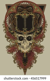 skull in cylinder hat with wings and patterned composition colored