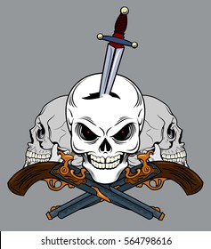 Skull with a dagger in his head and revolvers. Old school tattoo style
