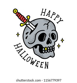 SKULL WITH DAGGER OLD TATTOO HAPPY HALLOWEEN COLOR WHITE BACKGROUND