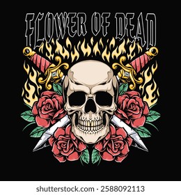 skull dagger with roses tshirt design