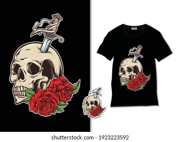 Skull, dagger, and roses vector illustration with t shirt design