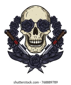 Skull with a daggers and a dark grey roses. Valentine skull