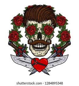 Skull with a daggers and a red roses. Valentine skull. Illustration for Valentine's day