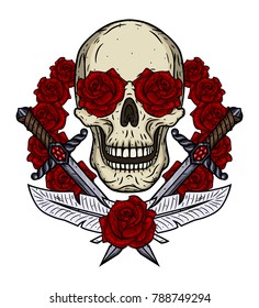 Skull with a daggers and a red roses. Valentine skull
