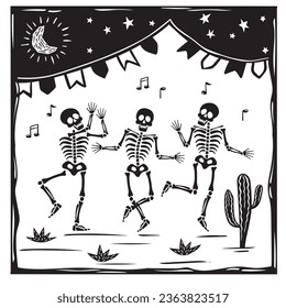 Skull dancing to the sound of music at a party. Night moon with stars. Vector illustration in black and white