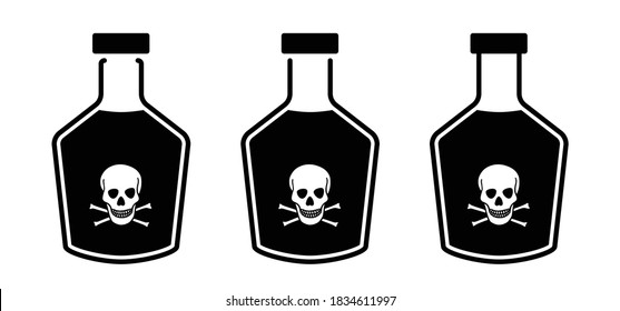 Skull Danger Icons. Glass poison bottle Icon. Poisons Medicine sign. medicine bottle. Flat vector skulls. Pirates skull and crossbones. Venom bottles, container. Halloween concept.