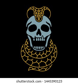 Skull and dangerous snake color on black background