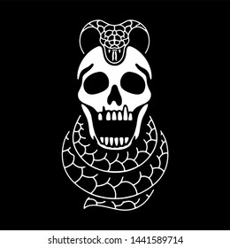 Skull and dangerous snake on black background