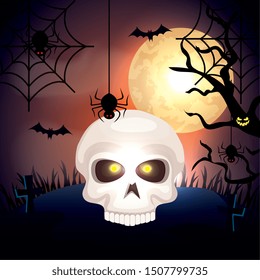 skull in the dark night and icons of halloween