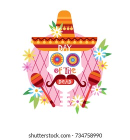 Skull Day Of Dead Concept Traditional Mexican Halloween Dia De Los Muertos Holiday Party Decoration Banner Invitation Flat Vector Illustration