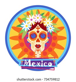 Skull Day Of Dead Concept Traditional Mexican Halloween Dia De Los Muertos Holiday Party Decoration Banner Invitation Flat Vector Illustration