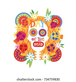 Skull Day Of Dead Concept Traditional Mexican Halloween Dia De Los Muertos Holiday Party Decoration Banner Invitation Flat Vector Illustration