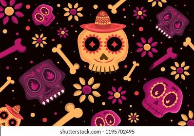 Skull. Day of the Dead, skulls and bones with flowers.