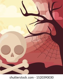 skull of dead with bone on halloween scene