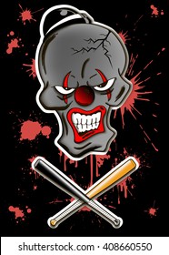 Skull of a dead evil clown in hat. Vector illustration