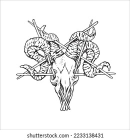 The skull of a dead four horned beast were stabbed together in the shape of a star retro old line art etching vector