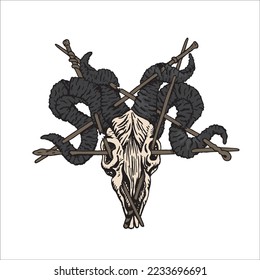 The skull of a dead four horned beast were stabbed together in the shape of a star retro old line art etching vector