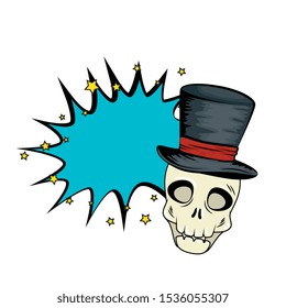 skull dead halloween with wizard hat style pop art vector illustration design