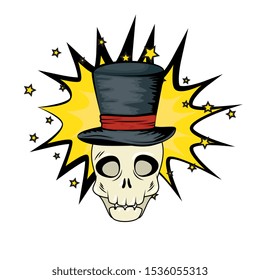 skull dead halloween with wizard hat style pop art vector illustration design