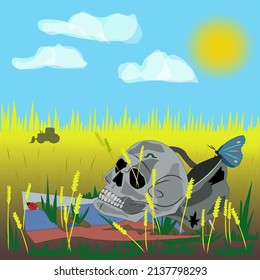Skull of a dead soldier on the background of a field of wheat and the sky