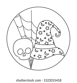 skull dead with wizard hat halloween scene, vector illustration design