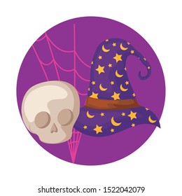 skull dead with wizard hat halloween scene, vector illustration design