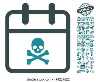 Skull Deadline Day icon with bonus calendar and time management graphic icons. Vector illustration style is flat iconic bicolor symbols, soft blue colors, white background.