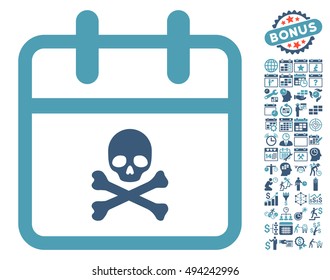 Skull Deadline Day icon with bonus calendar and time management pictograph collection. Vector illustration style is flat iconic bicolor symbols, cyan and blue colors, white background.